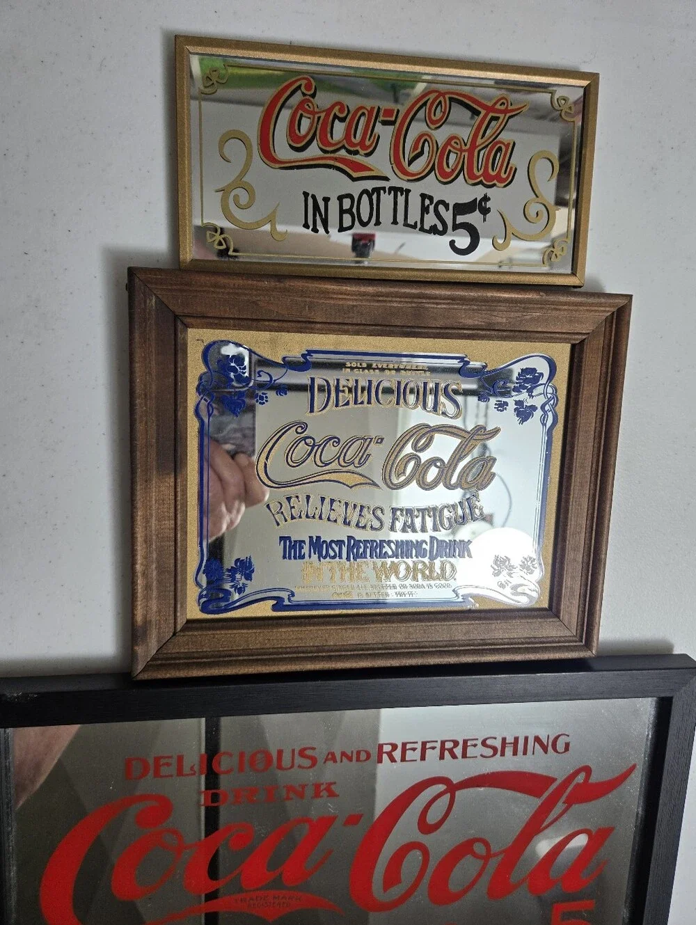 3 Vintage Coke Mirrors. 1 Red Lettering. 1 Blue Lettering. 1 Red & Black Nice.